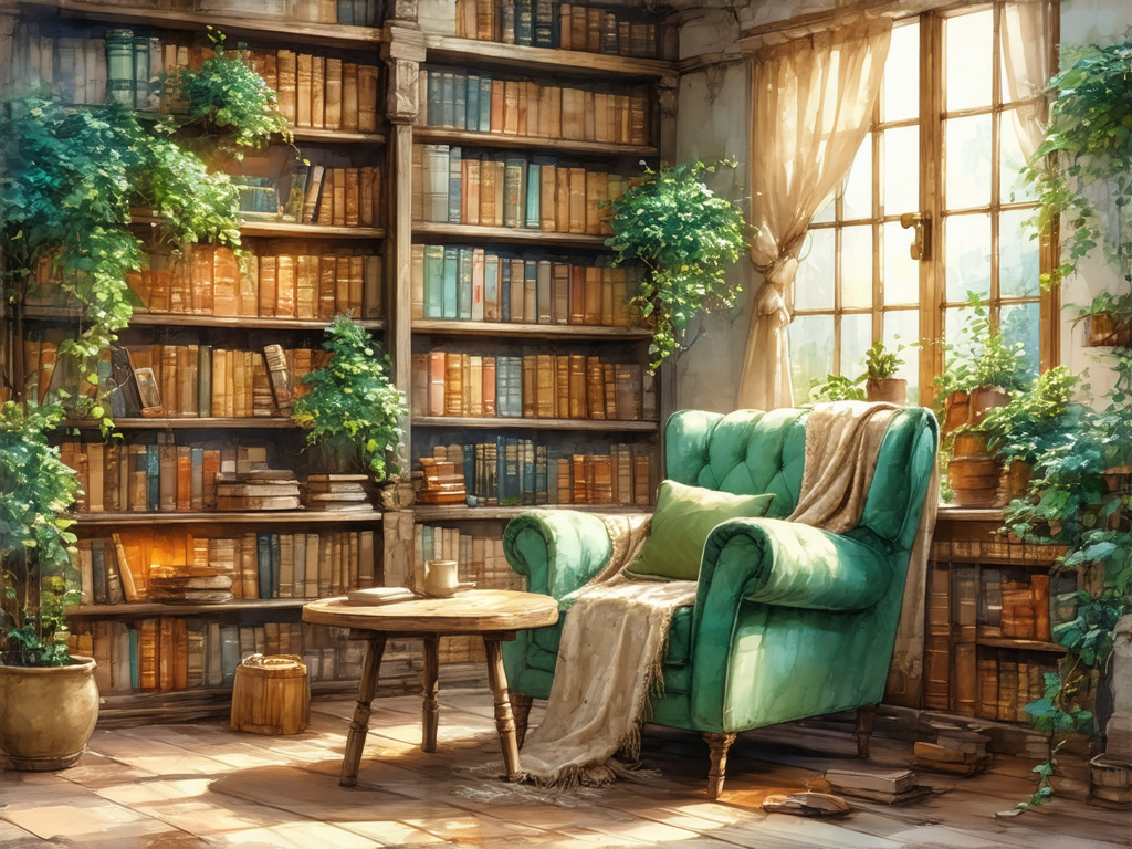Cozy reading room with an armchair, bookshelves, indoor plants, and warm window light