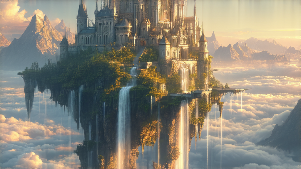 Fantasy castle on a floating island above the clouds at sunset