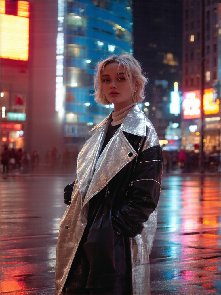 Futuristic fashion portrait with a metallic silver coat on a neon-lit city street