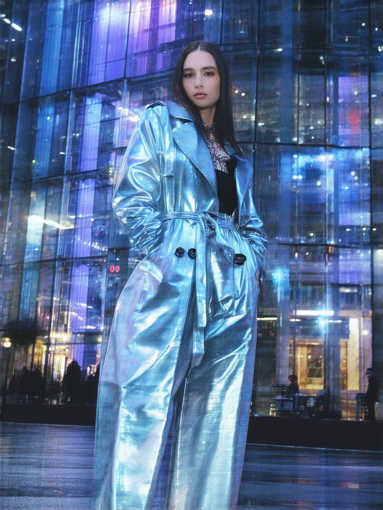 Futuristic fashion portrait with a metallic silver coat in front of glass city buildings