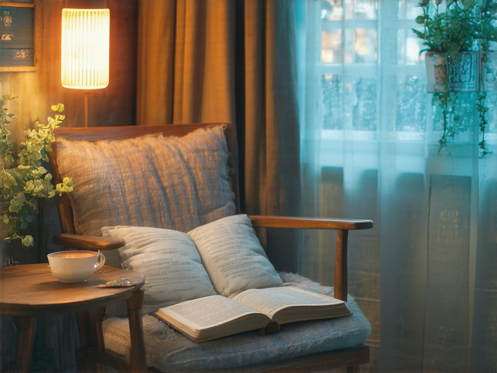 A cozy reading corner with neon night light, a wooden chair, a small table, a cup of tea, and a moody atmosphere