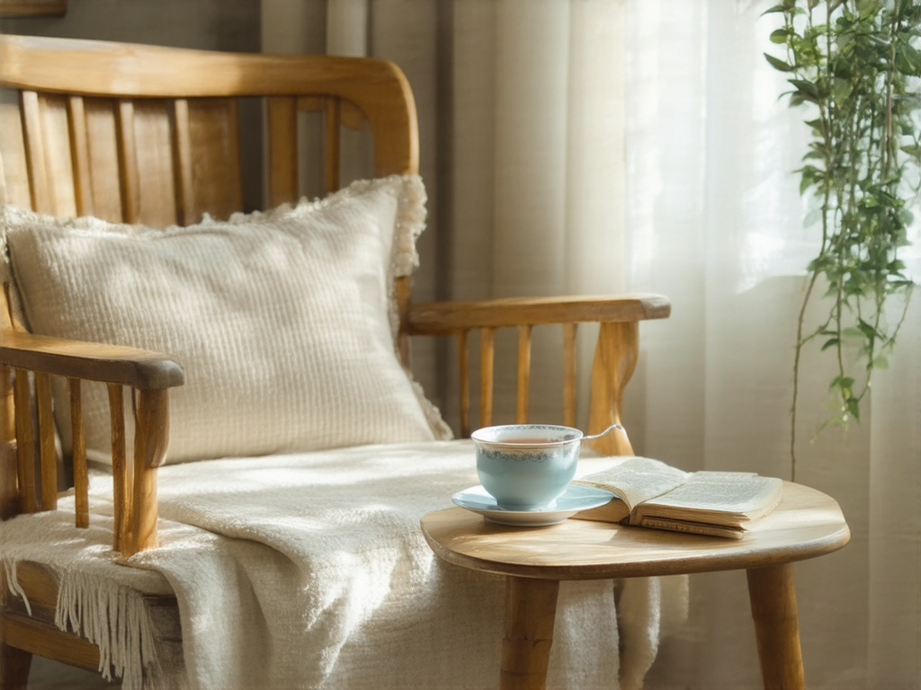 A cozy reading corner with soft morning light, a wooden chair, a small table, a cup of tea, and a calm atmosphere