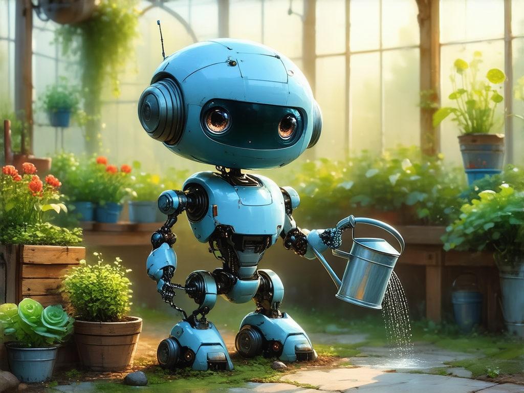An illustration-style small robot gardener holding a watering can in a greenhouse