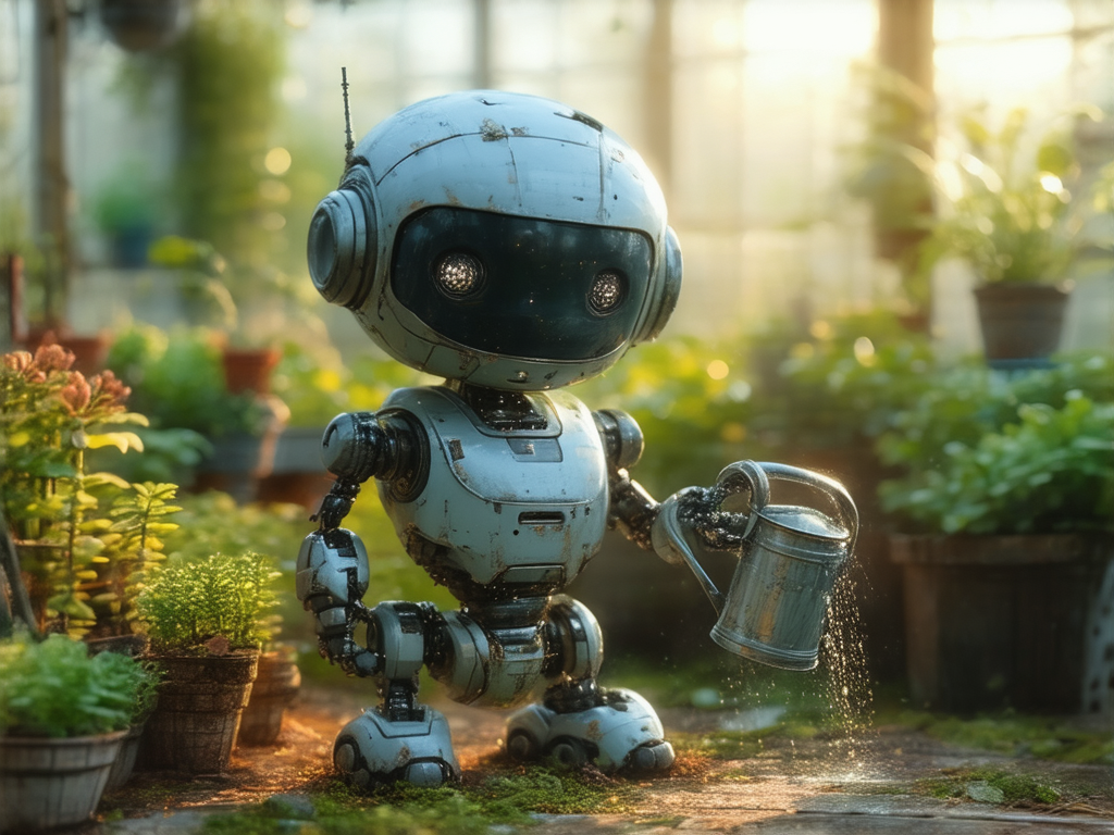 A realistic small robot gardener holding a watering can in a greenhouse